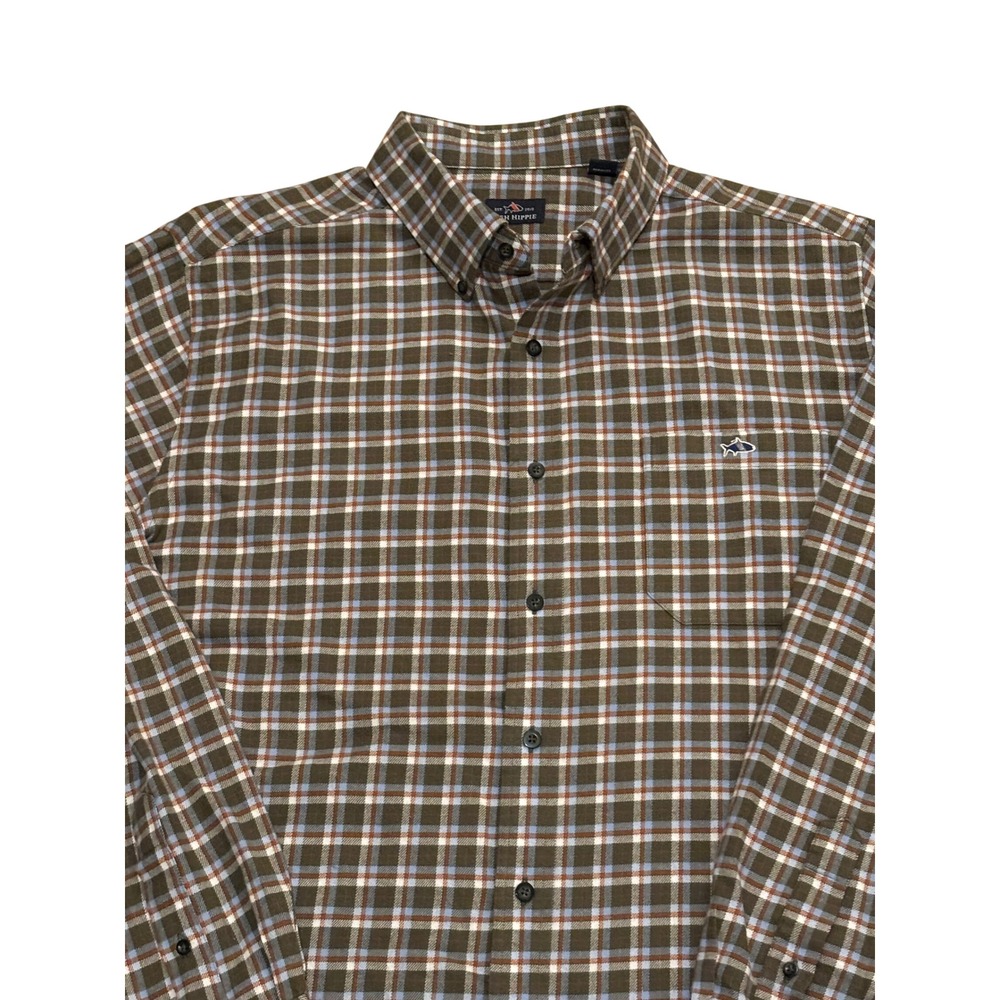 Fish Hippie Mens XL Flannel Button Down Shirt Olive Green Blue Plaid Cotton